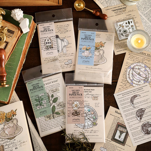 30er-Pack Journal & Scrapbooking Papier | 4 Themen: Pflanzen, Astronomie, Vintage, Afternoon Tea